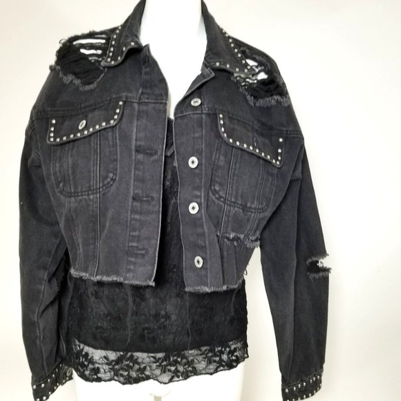 Forever 21 Jean Denim Jacket Coat S Black Distressed Stud Bling Gothic Punk Alt - Picture 1 of 12